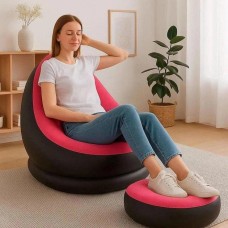 Надувний диван з пуфом Air Sofa / Надувне велюрове крісло з пуфом+насос Рожевий
