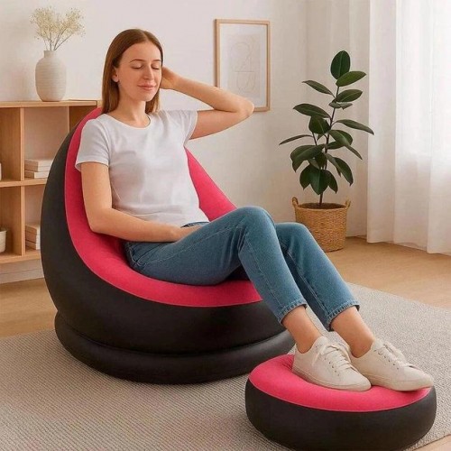 Надувний диван з пуфом Air Sofa / Надувне велюрове крісло з пуфом+насос Рожевий