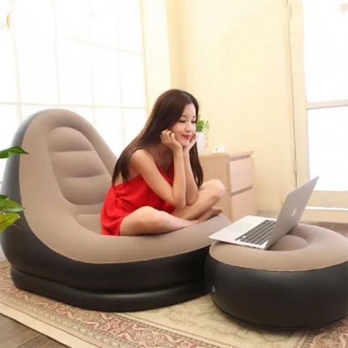 Надувной диван с пуфом Air Sofa / Надувное велюровое кресло с пуфиком+насос Бежевый Надувной диван с пуфом Air Sofa / Надувное велюровое кресло с пуфиком+насос Бежевый