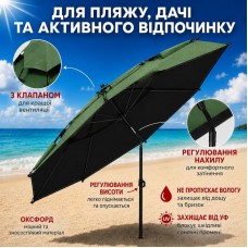 Зелена Парасолька туристична з чохлом 210 см / Восьмикутна парасолька для риболовлі, кемпінгу та пляжу
