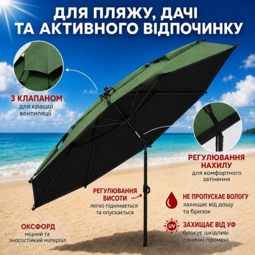 Зелена Парасолька туристична з чохлом 210 см / Восьмикутна парасолька для риболовлі, кемпінгу та пляжу