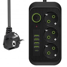 Сітьовий фільтр F09U 2500Вт з USB та Type-C, 2м кабель, чорний