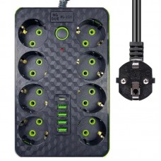 Мережевий фільтр подовжувач 3м, 2500Вт, 8 розеток, 4хUSB, 1хType-C, Чорний