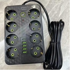 Мережевий фільтр подовжувач 3м, 2500Вт, 8 розеток, 4хUSB, 1хType-C, Чорний