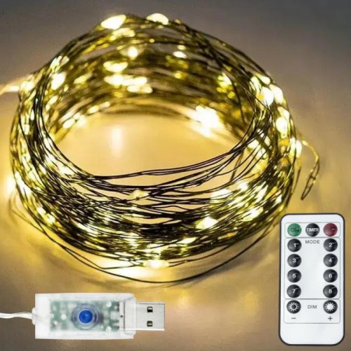Світлодіодна гірлянда Роса від USB, 20м, 200LED + пульт, Теплий білий