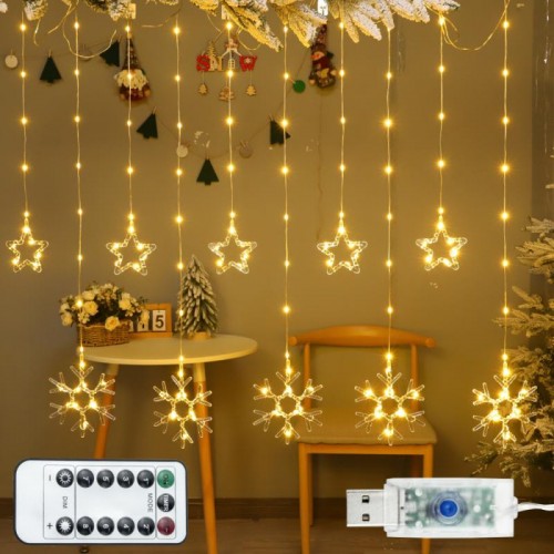 Гирлянда Штора Звезды и Снежинки от USB, 3х0,9м, 10 фигур, Теплый белый