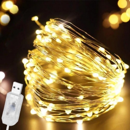 Гирлянда роса от USB, 10м, Теплый белый