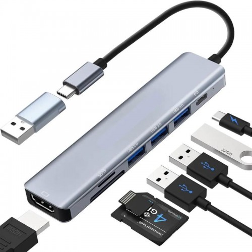 USB хаб 7в1, Type-C to HDMI+SD+TF+3хUSB +PD