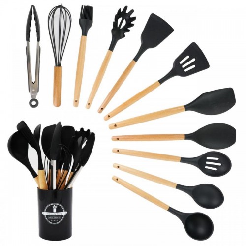 Набор кухонных принадлежностей 12 предметов, Kitchen Set, из силикона + подставка, Черный