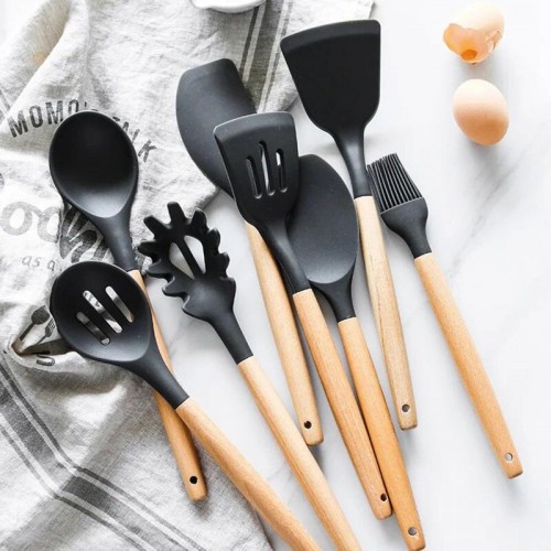 Набор кухонных принадлежностей 12 предметов, Kitchen Set, из силикона + подставка, Черный Набор кухонных принадлежностей 12 предметов, Kitchen Set, из силикона + подставка, Черный