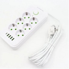 Мережевий фільтр 5м 2500Вт з 6 розетками, 4 USB та Type-C білий