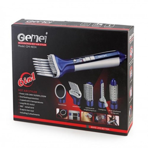Фен-щітка для укладання та сушіння волосся 550W, Gemei GM 4834 6в1