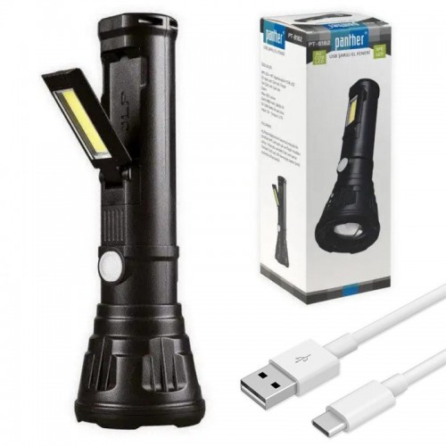 Фонарь ручной от USB, 3+1 режима+COB, PANTHER PT-8182 с боковой лампой