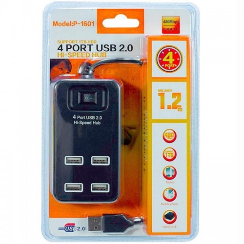 Розгалужувач USB на 4 порти, Чорний USB 2.0, P-1601 Розгалужувач USB на 4 порти, Чорний USB 2.0, P-1601