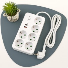 Мережевий фільтр подовжувач 3м, 2500Вт, 6×220В+3×USB+1×Type-C, VEN-1202-3