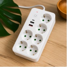 Мережевий фільтр подовжувач 3м, 2500Вт, 6×220В+3×USB+1×Type-C, VEN-1202-3