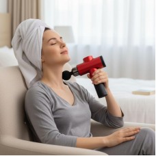 Портативный массажер для тела 4 насадки, 6 режимов, Fascial Gun, Красный
