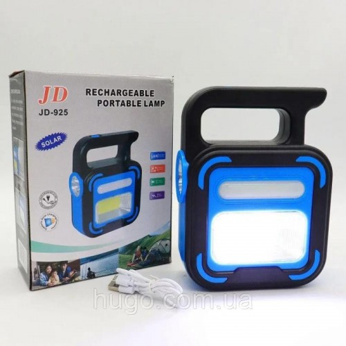 Ручний ліхтар USB із сонячною панеллю та повербанком, 1200мАч, COB+LED, JD-925, Синій