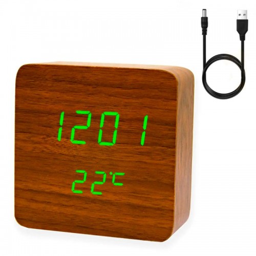 Настільний LED годинник під дерево VST-872-4, з USB, Коричневий корпус, зелене підсвічування