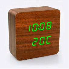 Настільний LED годинник під дерево VST-872-4, з USB, Коричневий корпус, зелене підсвічування