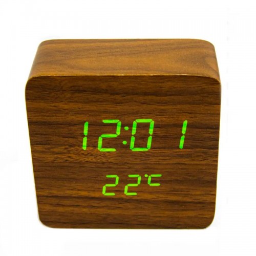 Настільний LED годинник під дерево VST-872-4, з USB, Коричневий корпус, зелене підсвічування
