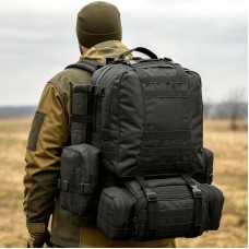 Тактичний рюкзак 55л B08 із підсумками, чорний, 55х40х22см