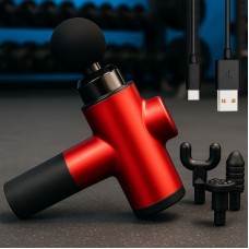 Портативный массажер для тела 4 насадки, 6 режимов, Fascial Gun, Красный