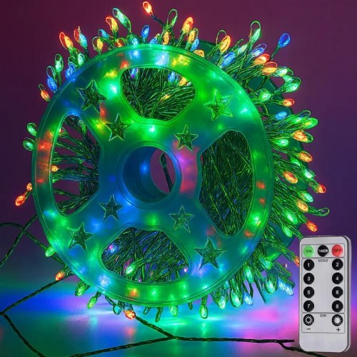 Гирлянда Роса фейерверк, от сети, 100м, 2000LED, пульт, зеленый провод, Разноцветная