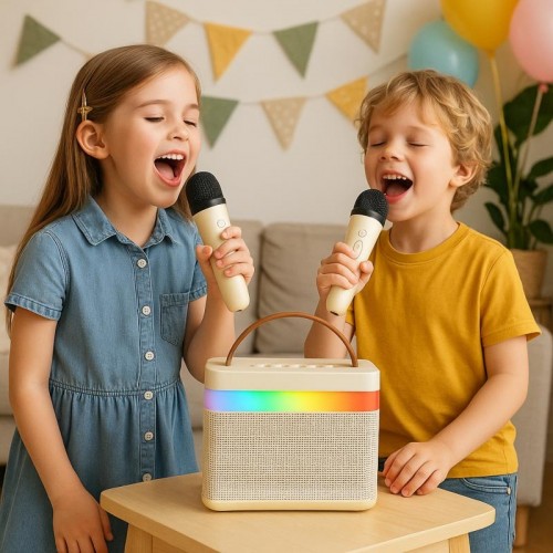 Бездротова Bluetooth колонка-караоке + 2 мікрофони, K18, Бежева