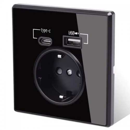 Розетка з USB + Type-C, WallPad, Чорна