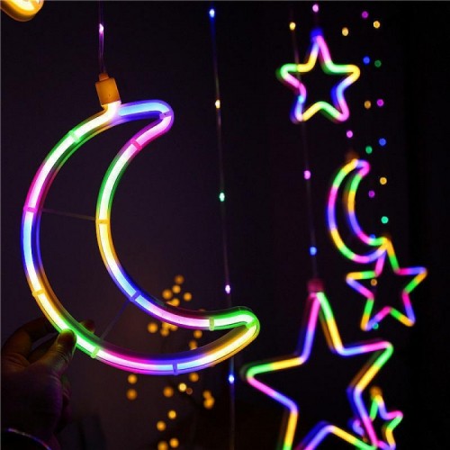 Гірлянда штора від мережі 3м Місяць та Зірки 9шт Copper curtain ball lamp Xmas 9M-1, Мультиколор