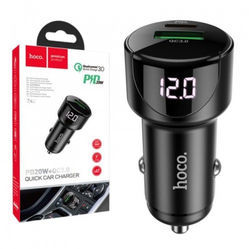 Автомобільний зарядний пристрій 38W, PD20W + QC3,0, дисплей, Hoco Z42