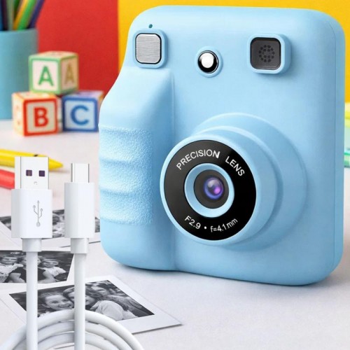 Детский фотоаппарат мгновенной печати + 1 термобумага, от USB, Голубой