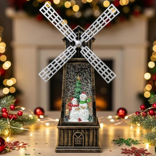Музыкальный новогодний фонарь Снежная мельница, от USB и батареек, 27х10 см, Коричневый