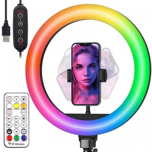 Кольцевая лампа RGB, 33см, от USB, с держателем для телефона + пульт LJJ-33