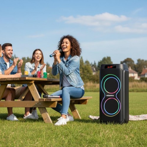 Портативна акустична колонка + 2 мікрофона, 80Вт, Bluetooth, ZXX-5550 Портативна акустична колонка + 2 мікрофона, 80Вт, Bluetooth, ZXX-5550