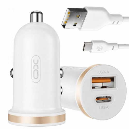 Автомобильное зарядное устройство 2 USB, 3A+ Type-C кабель, XO CC56, Белый