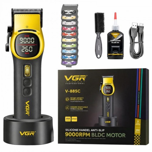 Аккумуляторная машинка для стрижки 10 насадок + база, VGR V-885C, Желтый