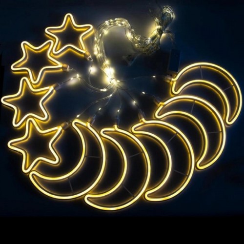 Гирлянда штора от сети 3м Луна и Звезды 9шт Copper curtain ball lamp Xmas 9WW-1, Теплый белый