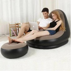 Надувний диван з пуфом Air Sofa / Надувне велюрове крісло з пуфом+насос Бежевий