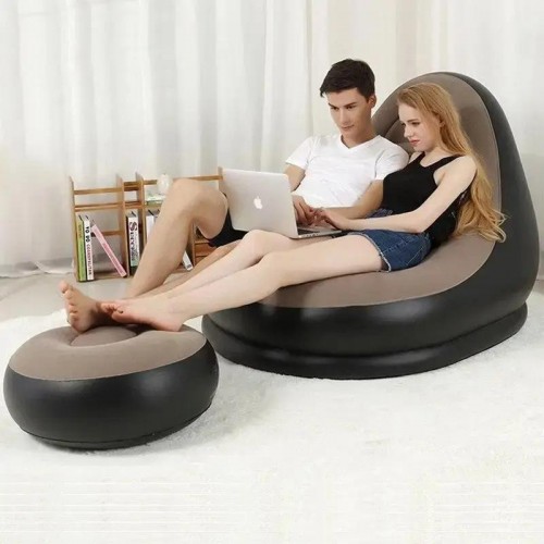 Надувной диван с пуфом Air Sofa / Надувное велюровое кресло с пуфиком+насос Бежевый Надувной диван с пуфом Air Sofa / Надувное велюровое кресло с пуфиком+насос Бежевый