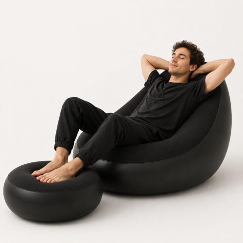 Надувной диван с пуфом Air Sofa / Надувное велюровое кресло с пуфиком+насос Черный Надувной диван с пуфом Air Sofa / Надувное велюровое кресло с пуфиком+насос Черный