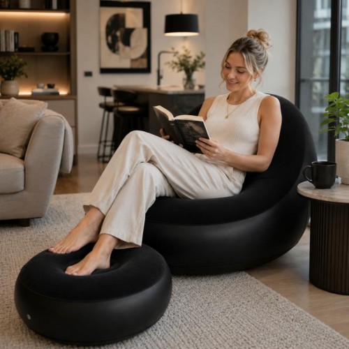 Надувной диван с пуфом Air Sofa / Надувное велюровое кресло с пуфиком+насос Черный Надувной диван с пуфом Air Sofa / Надувное велюровое кресло с пуфиком+насос Черный