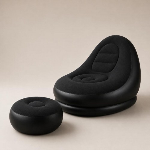 Надувной диван с пуфом Air Sofa / Надувное велюровое кресло с пуфиком+насос Черный Надувной диван с пуфом Air Sofa / Надувное велюровое кресло с пуфиком+насос Черный