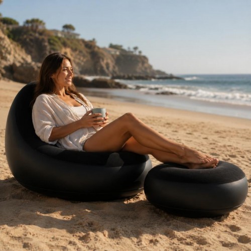 Надувной диван с пуфом Air Sofa / Надувное велюровое кресло с пуфиком+насос Черный Надувной диван с пуфом Air Sofa / Надувное велюровое кресло с пуфиком+насос Черный
