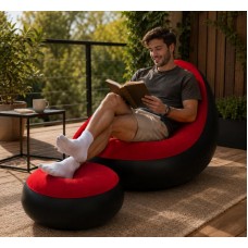 Надувний диван з пуфом Air Sofa / Надувне велюрове крісло з пуфом+насос Червоний