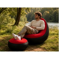 Надувний диван з пуфом Air Sofa / Надувне велюрове крісло з пуфом+насос Червоний