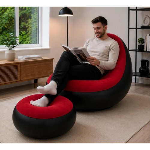 Надувной диван с пуфом Air Sofa / Надувное велюровое кресло с пуфиком+насос Красный Надувной диван с пуфом Air Sofa / Надувное велюровое кресло с пуфиком+насос Красный