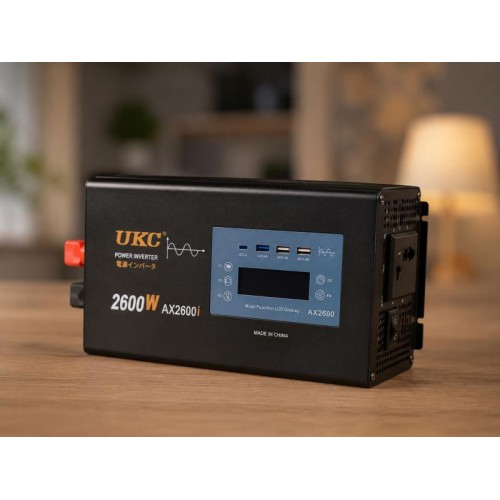 Перетворювач AC/DC 2600W AX Sine з чистим синусом / Перетворювач напруги з чистим синусом, дисплеєм та виходами: 3 x USB, 1 x Type-C / Інвертор автомобільний