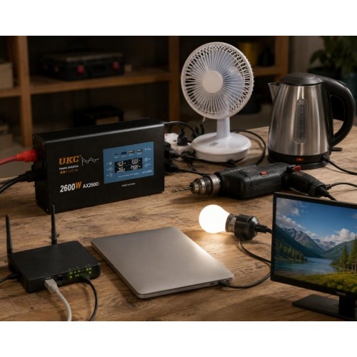 Перетворювач AC/DC 2600W AX Sine з чистим синусом / Перетворювач напруги з чистим синусом, дисплеєм та виходами: 3 x USB, 1 x Type-C / Інвертор автомобільний Перетворювач AC/DC 2600W AX Sine з чистим синусом / Перетворювач напруги з чистим синусом, дисплеєм та виходами: 3 x USB, 1 x Type-C / Інвертор автомобільний